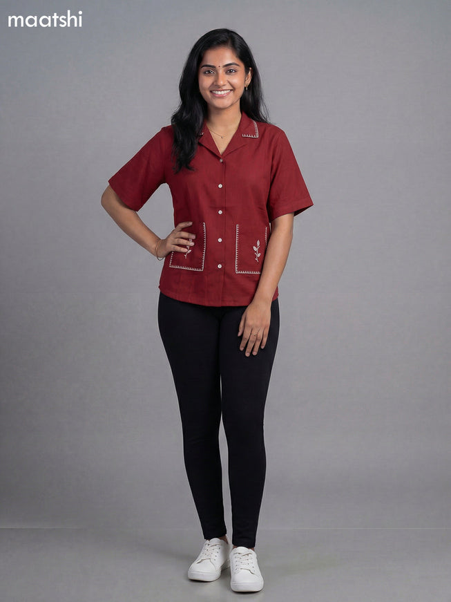 Maroon Cotton Embroidered Women Shirt