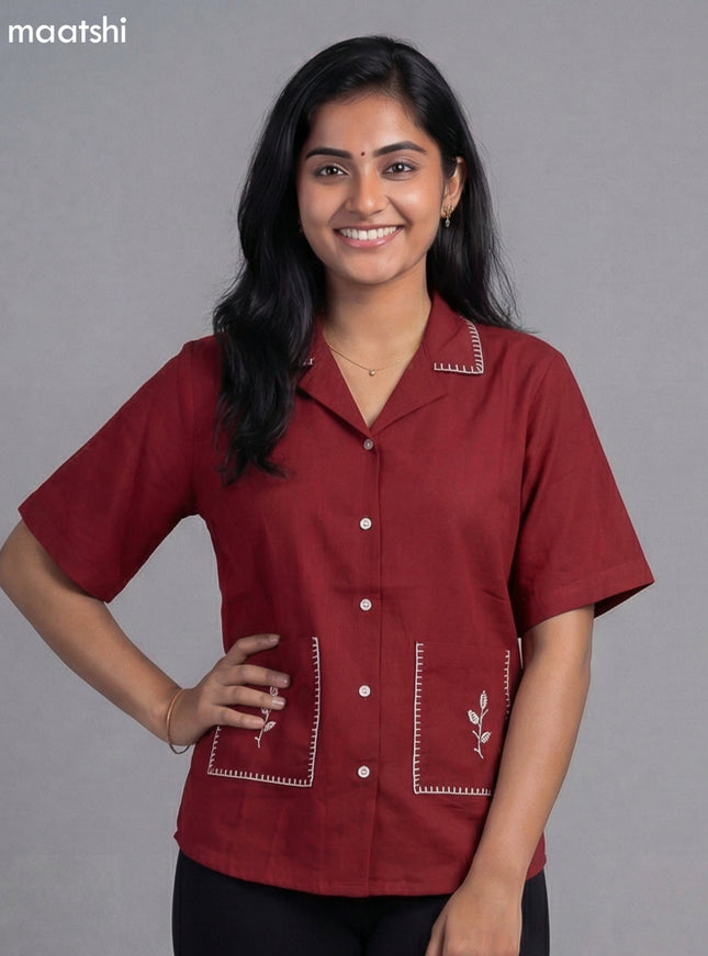 Maroon Cotton Embroidered Women Shirt