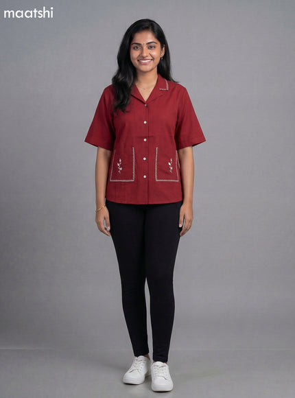 Maroon Cotton Embroidered Women Shirt