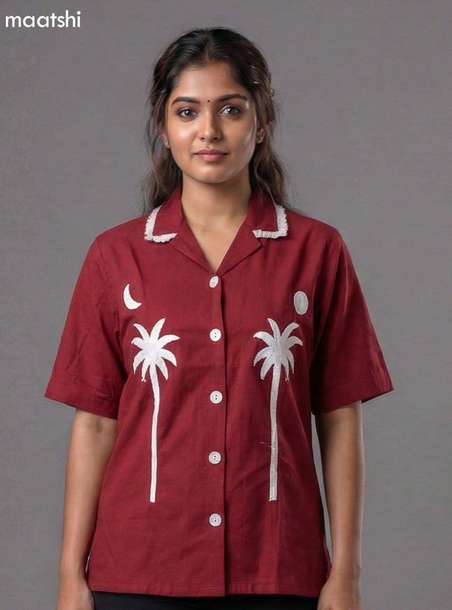 Maroon Cotton Embroidered Women Shirt