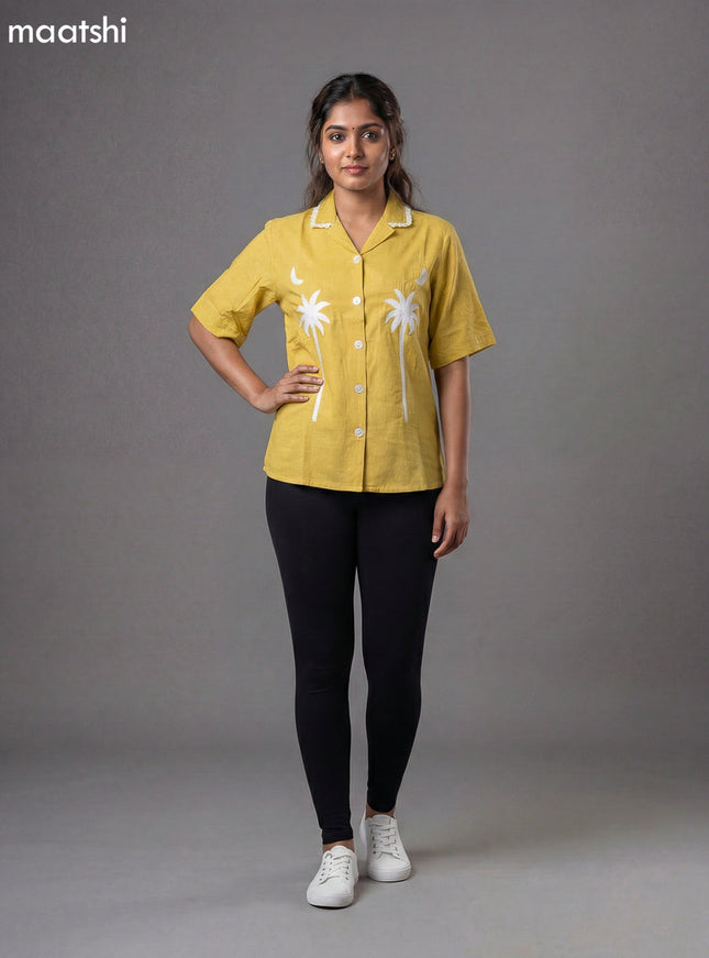 Pale Yellow Cotton Embroidery Women Shirt