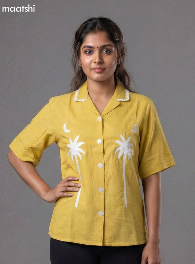 Pale Yellow Cotton Embroidery Women Shirt