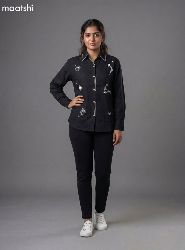 Black Cotton Embroidered Women Shirt