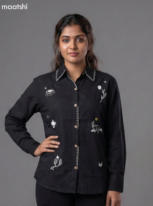 Black Cotton Embroidered Women Shirt
