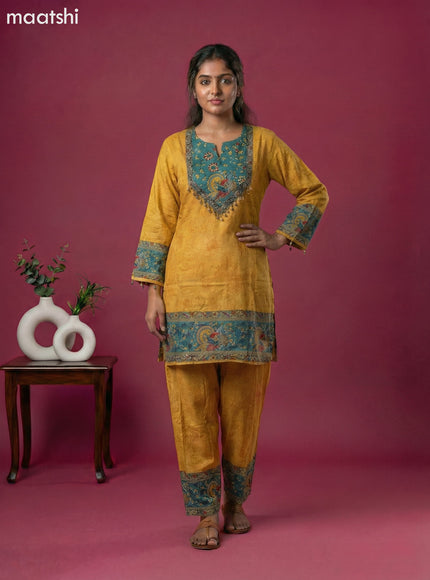 Mustard Yellow and Teal Green Muslin Kalamkari Printed Co-Ord Set