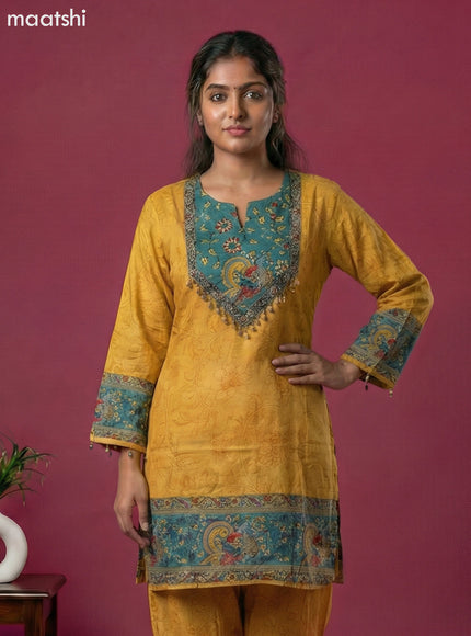 Mustard Yellow and Teal Green Muslin Kalamkari Printed Co-Ord Set