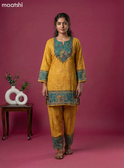 Mustard Yellow and Teal Green Muslin Kalamkari Printed Co-Ord Set