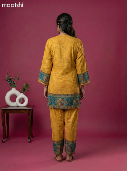 Mustard Yellow and Teal Green Muslin Kalamkari Printed Co-Ord Set