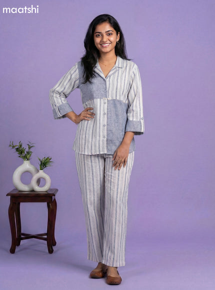 Blue and Off White Cotton Over Size Short Co-Ord Set