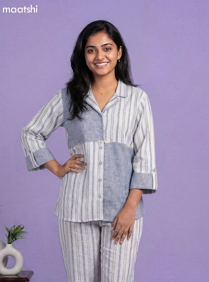 Blue and Off White Cotton Over Size Short Co-Ord Set