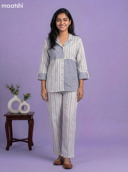 Blue and Off White Cotton Over Size Short Co-Ord Set