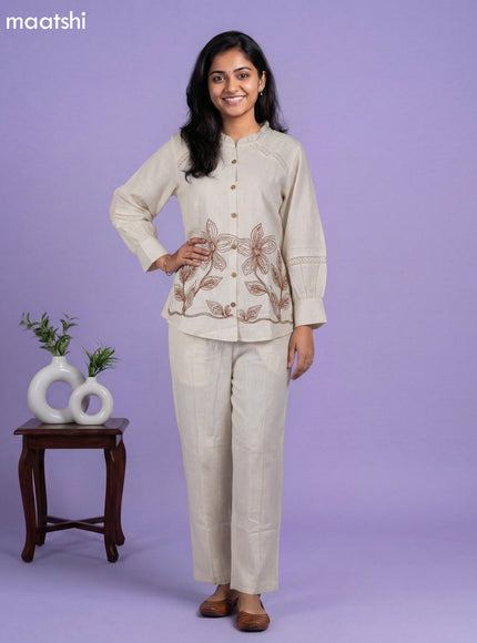 Beige Linen Cotton Embroidery Work Short Kurti Set