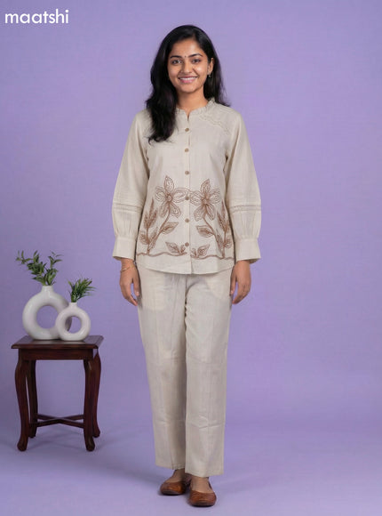 Beige Linen Cotton Embroidery Work Short Kurti Set