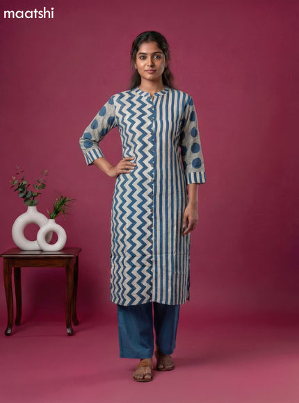 Cream and Blue Muslin Printed Kurti Set