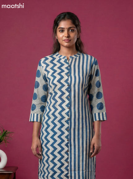 Cream and Blue Muslin Printed Kurti Set