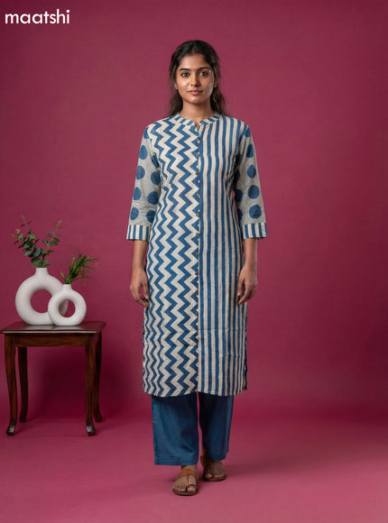 Cream and Blue Muslin Printed Kurti Set