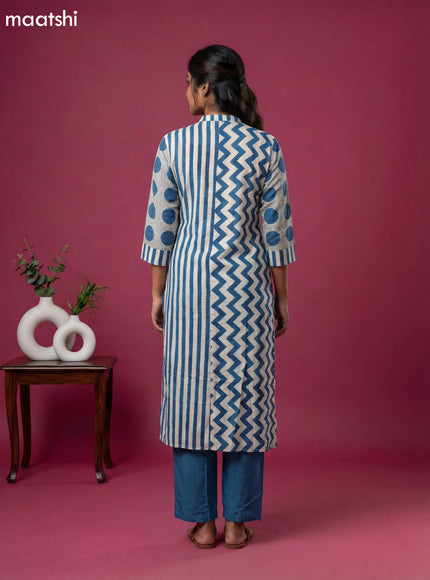 Cream and Blue Muslin Printed Kurti Set