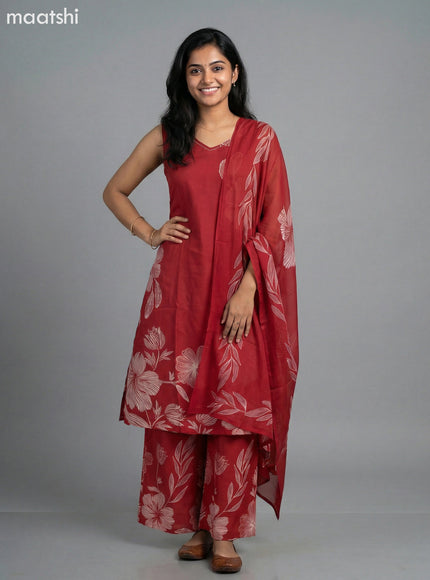 Maroon Cotton Floral Printed A-Line Suit & Without Sleeves