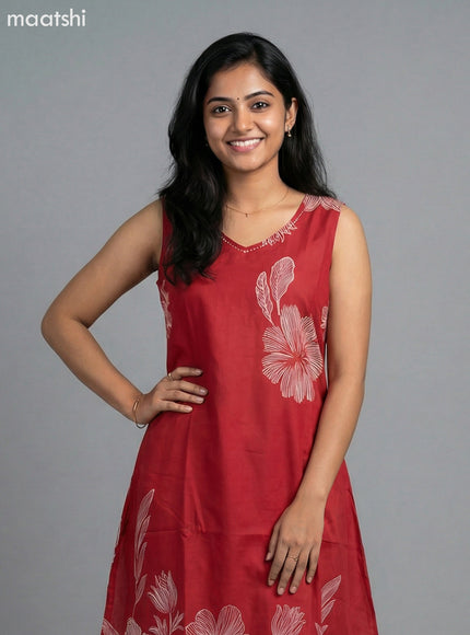 Maroon Cotton Floral Printed A-Line Suit & Without Sleeves