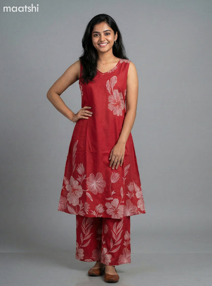 Maroon Cotton Floral Printed A-Line Suit & Without Sleeves