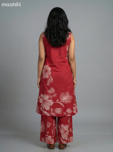 Maroon Cotton Floral Printed A-Line Suit & Without Sleeves