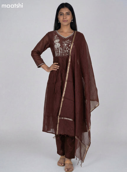 Brown Mul Chanderi Embroidery Work Anarkali Suit