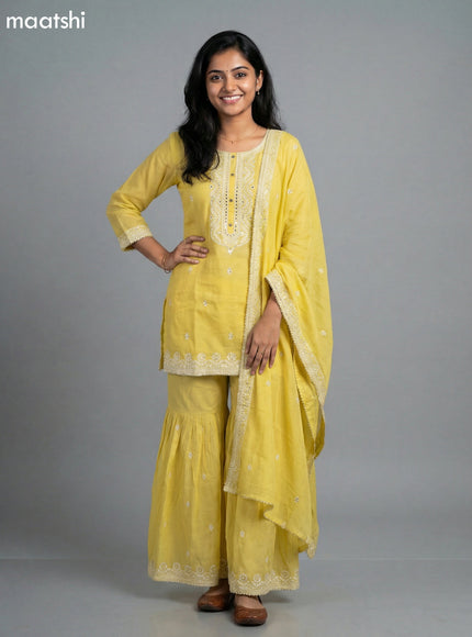 Yellow Cotton Simple Embroidery Work Short Straight Suit