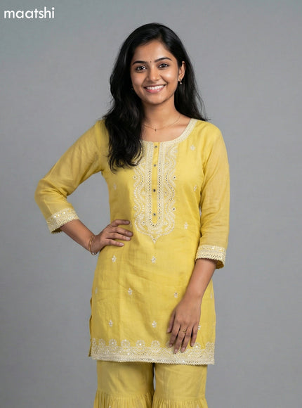 Yellow Cotton Simple Embroidery Work Short Straight Suit