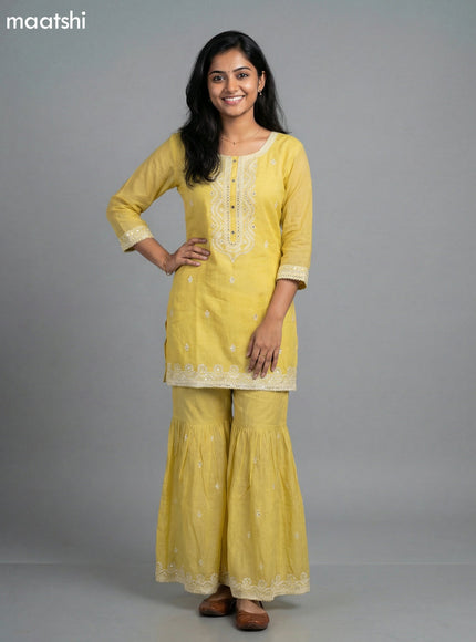 Yellow Cotton Simple Embroidery Work Short Straight Suit