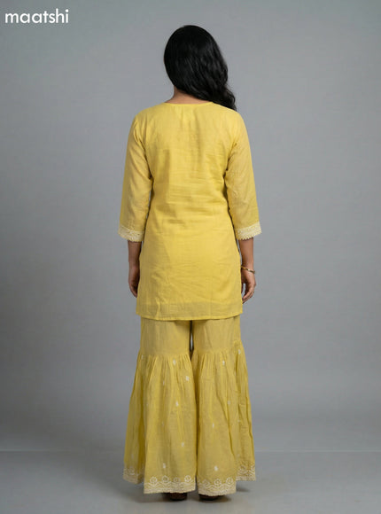 Yellow Cotton Simple Embroidery Work Short Straight Suit
