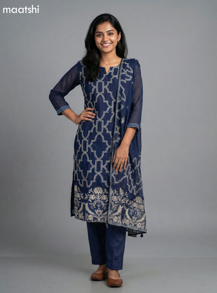 Blue Linen Kantha Stitch Work Straight Suit
