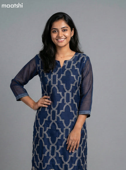 Blue Linen Kantha Stitch Work Straight Suit