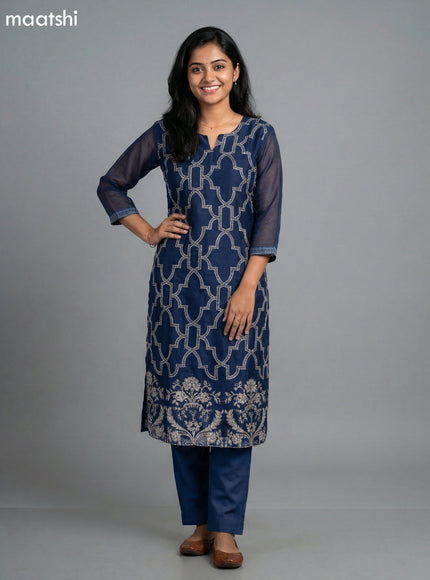Blue Linen Kantha Stitch Work Straight Suit