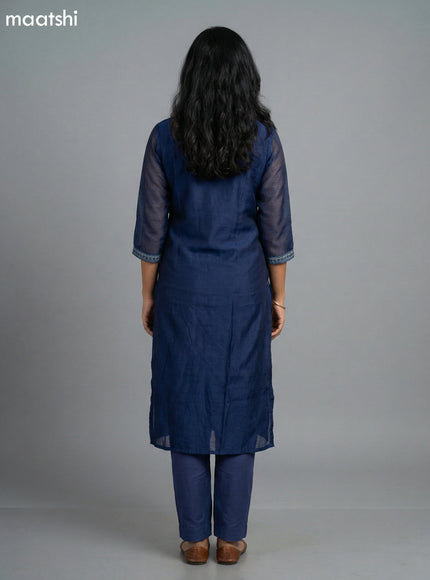 Blue Linen Kantha Stitch Work Straight Suit