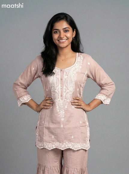 Pastel Brown Mul Chanderi Embroidery Work Short Straight Suit