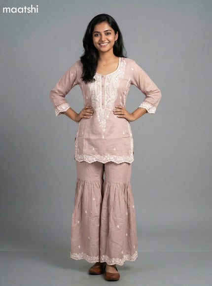 Pastel Brown Mul Chanderi Embroidery Work Short Straight Suit