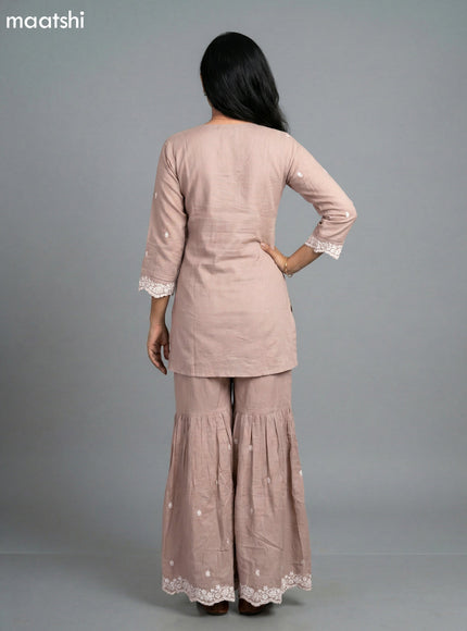 Pastel Brown Mul Chanderi Embroidery Work Short Straight Suit