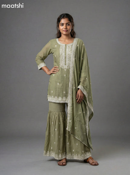 Pastel Green Mul Chanderi Embroidery Work Short Straight Suit