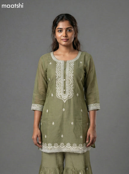 Pastel Green Mul Chanderi Embroidery Work Short Straight Suit