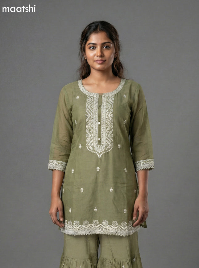 Pastel Green Mul Chanderi Embroidery Work Short Straight Suit