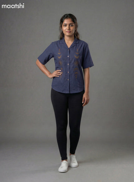 Navy Blue Cotton Embroidery Women Shirt