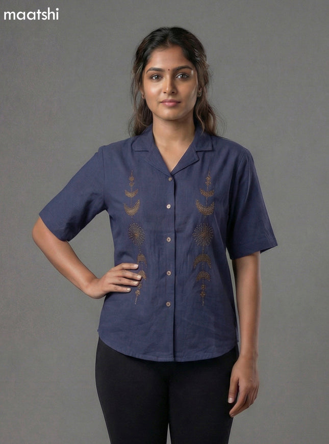 Navy Blue Cotton Embroidery Women Shirt
