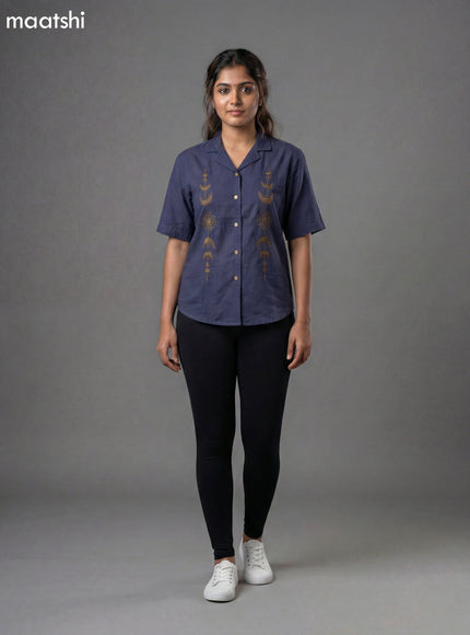 Navy Blue Cotton Embroidery Women Shirt