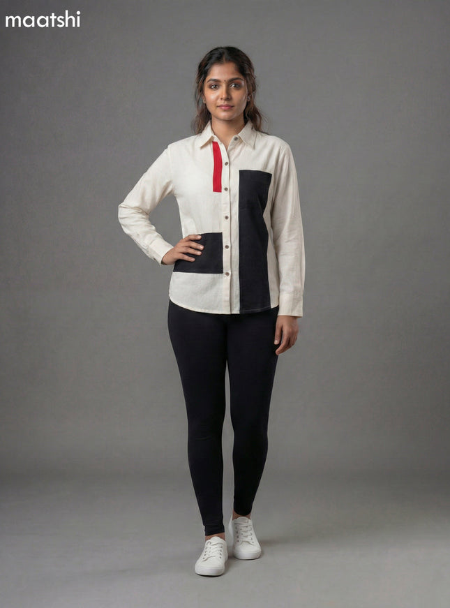 Off White and Black Red Cotton Collar Neck Pattern Women Shirt