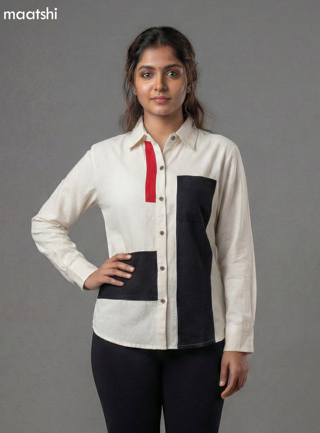 Off White and Black Red Cotton Collar Neck Pattern Women Shirt
