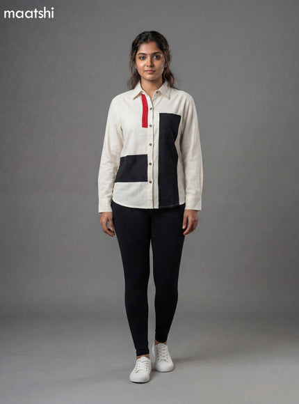 Off White and Black Red Cotton Collar Neck Pattern Women Shirt