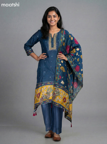 Peacock Blue Muslin Bandhini Printed Fish Cut Suit and Straight Cut Pant