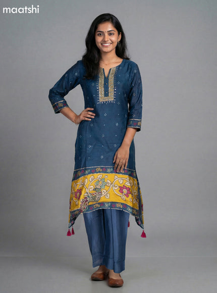 Peacock Blue Muslin Bandhini Printed Fish Cut Suit and Straight Cut Pant