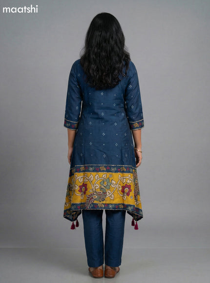 Peacock Blue Muslin Bandhini Printed Fish Cut Suit and Straight Cut Pant