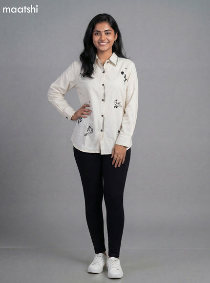 Off White Cotton Embroidered Women Shirt